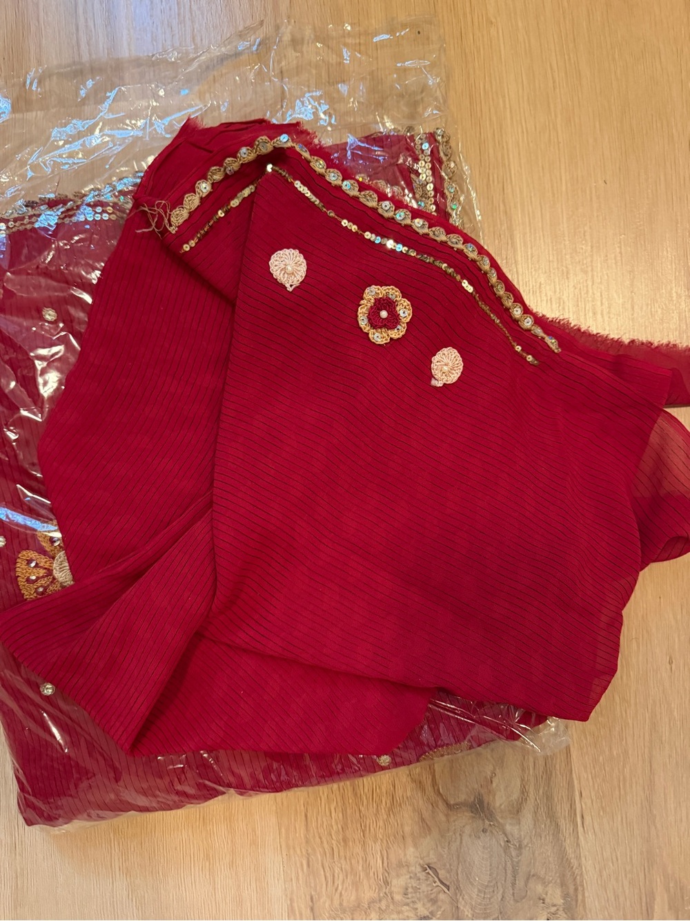 Red Chiffon Saree Fabric with Gold Sequin Trim